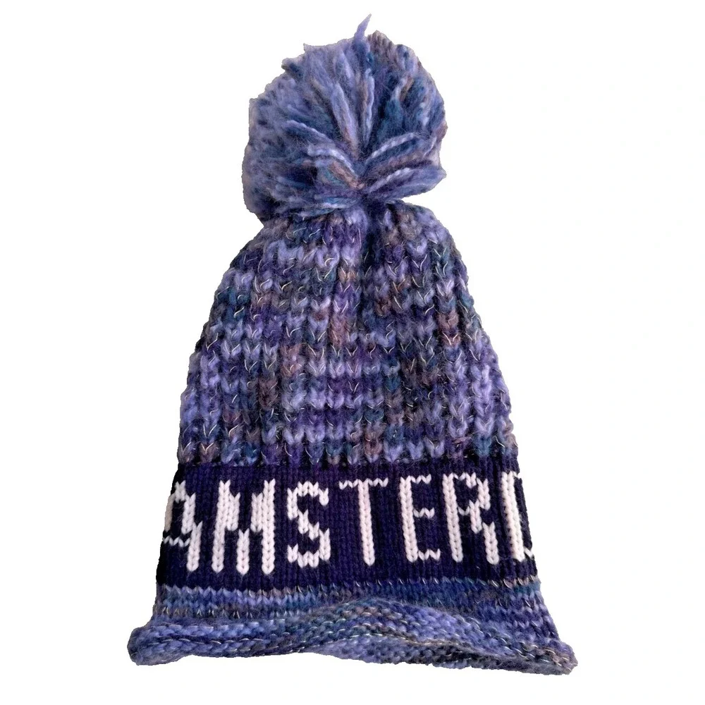 Amsterdam Blue Black Pom Pom Beanie Tassel Slouchy Knit Ski Winter Warm Hat